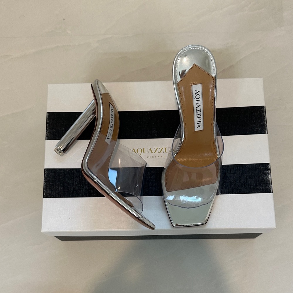 Aquazzura Silver Mirror PVC Strap Mule Heels